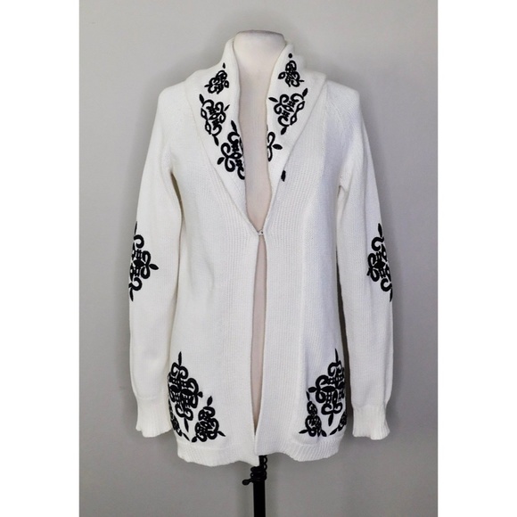 White House Black Market Sweaters - WHBM Embroidered Cardigan Sweater Cream & Black Scroll Pattern Knit ~ Medium